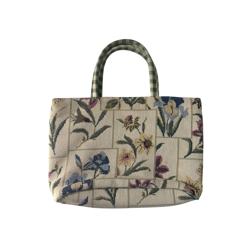 Maggi B Floral Tapestry Tote Bag Green Gingham Trim Botanical Woven Handbag